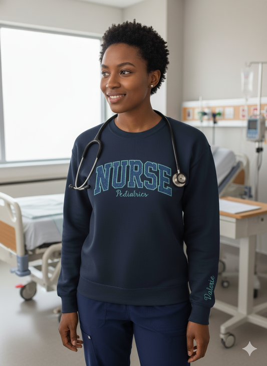 NURSE (curve design)-Glitter Applique Crewneck *All designs are made to order: 14-day processing